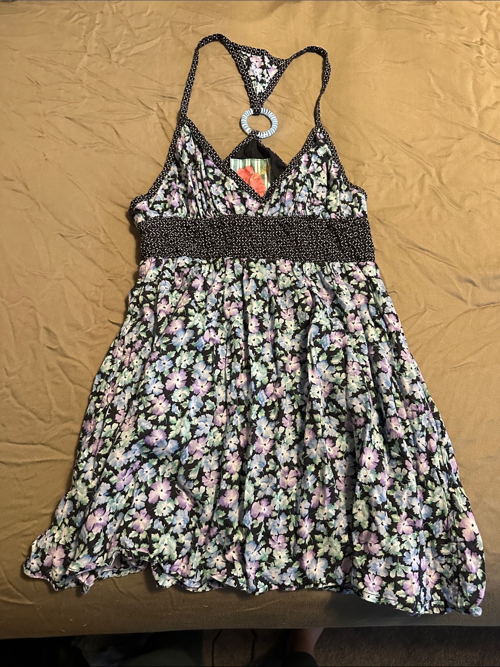 Free People Black Floral Halter Dress with Lavender and Mint Blooms